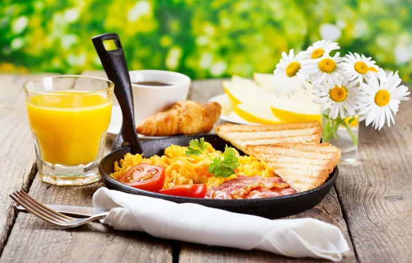 Картинка цветы, природа, кофе, ромашки, завтрак, сок, хлеб, бекон