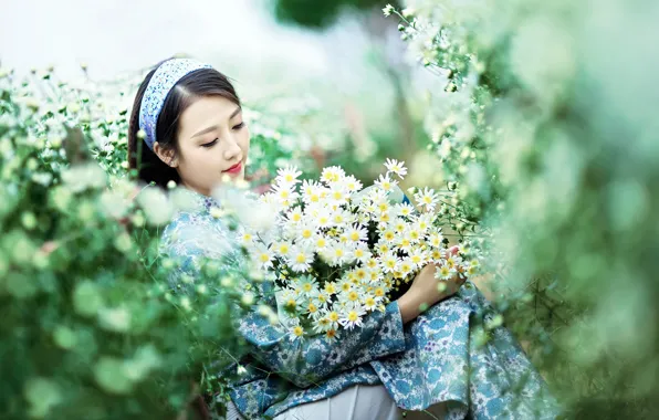 Девушка, цветы, настроение, азиатка, хризантемы, боке, вьетнамка