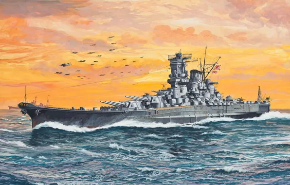 Картинка корабль, флот, линкор, WW2, art., линейный, японского, Ямато