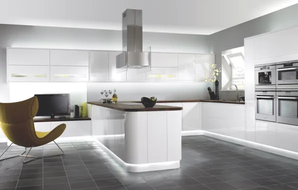 Дизайн, дом, стиль, комната, интерьер, кухня, white minimalist kitchen with modern cabinet