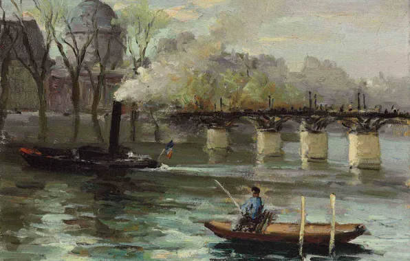 Пейзаж, мост, лодка, картина, катер, Марсель Диф, Сена в Париже, Pont des Arts and Institut …