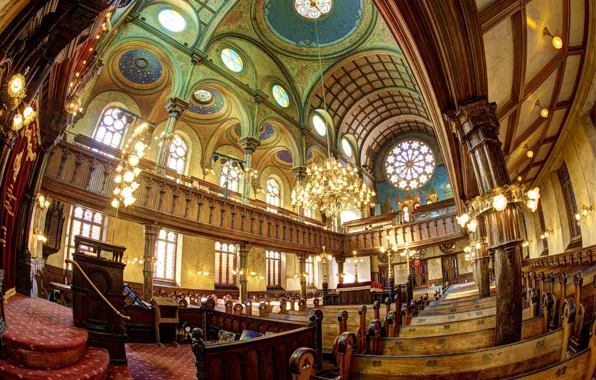 Картинка Нью-Йорк, люстра, США, религия, скамья, синагога