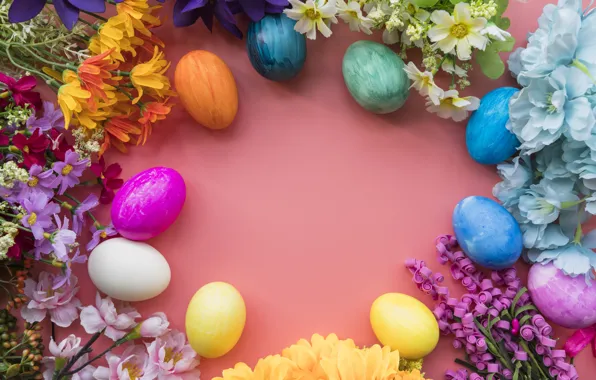 Картинка цветы, яйца, colorful, Пасха, happy, wood, flowers, eggs