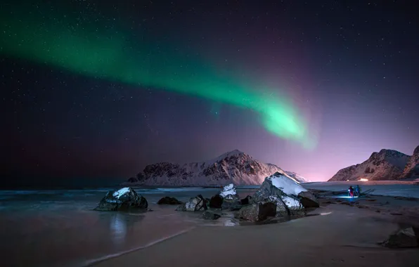 Горы, люди, Норвегия, Побережье, Coast, Norway, Полярное Сияние, Флакстад