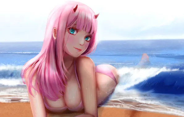 Пляж, девушка, 002, Darling in the FranXX, Милый во Франксе, Zero Two