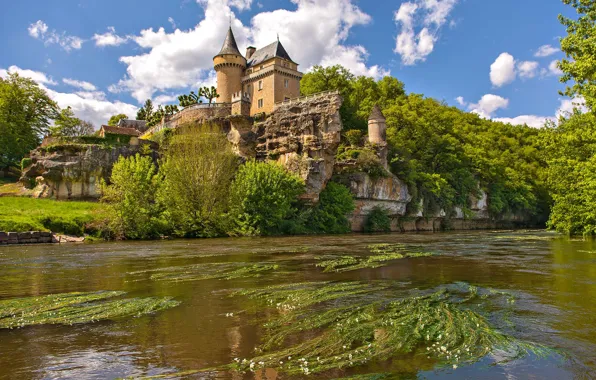 Город, скала, замок, Франция, Kano, река Дордонь, Dordogne, Chateau Lalinde