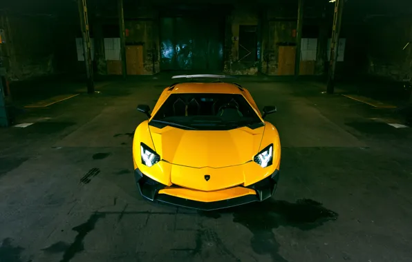 Картинка car, авто, желтый, фары, Lamborghini, yellow, передок, Aventador