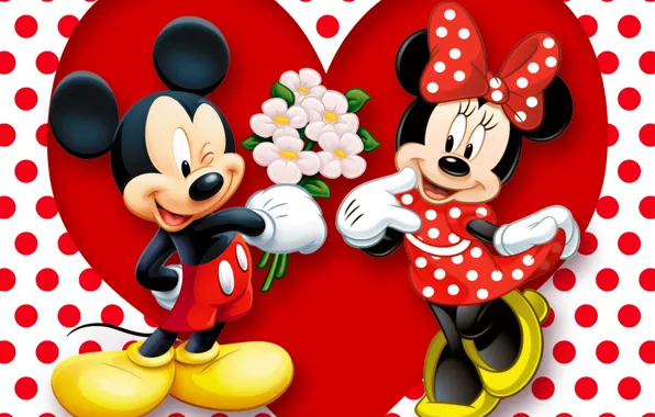 Картинка red, love, heart, cartoon, disney, romance, polka dots, minnie