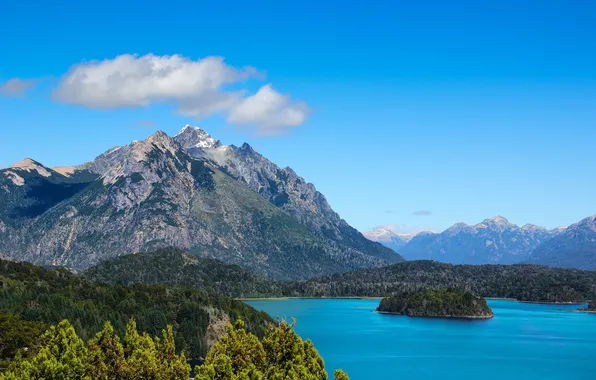 Картинка небо, облака, горы, озеро, остров