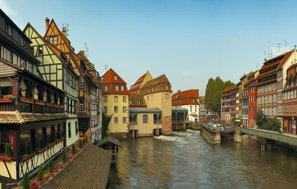 Картинка небо, Страсбург, канал, улица, люди, дома, Франция, мостик
