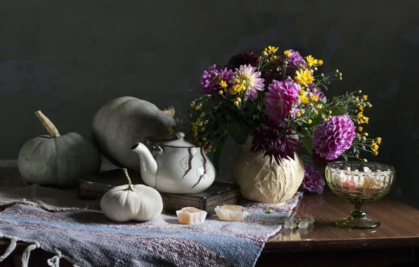 Цветы, букет, чайник, тыквы, тыква, книга, ваза, натюрморт