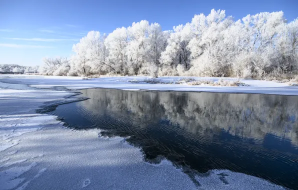 Картинка зима, иней, небо, вода, снег, река, оренбуржье