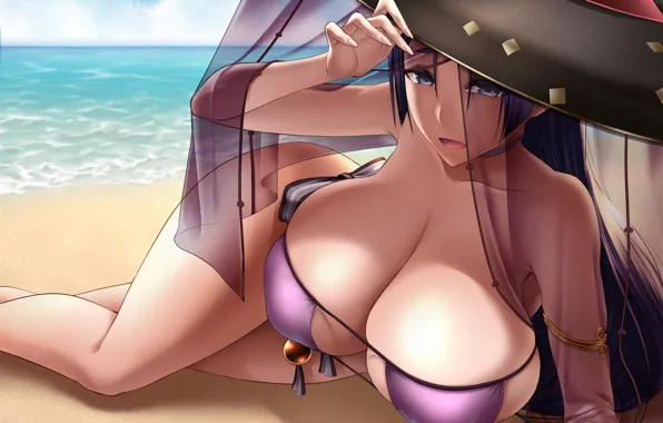 Girl, sexy, cleavage, beach, long hair, sea, boobs, anime