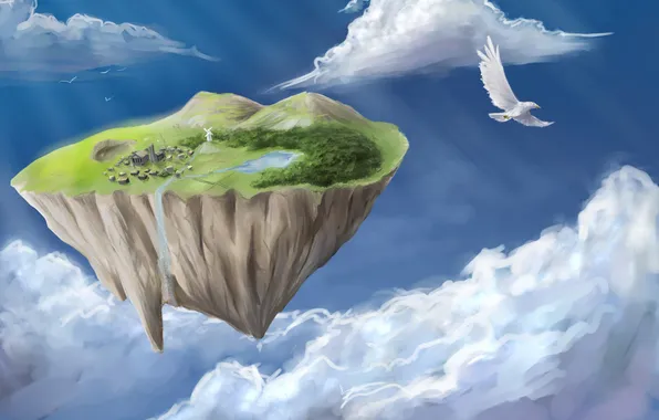 Картинка горы, озеро, птица, остров, водопад, дома, арт, мельница