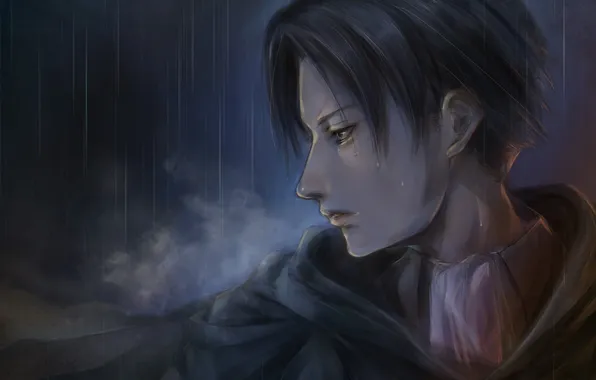 Картинка взгляд, дождь, спокойствие, солдат, парень, art, shingeki no kyojin, rivaille