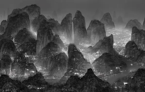 Картинка пейзаж, ночь, город, огни, фантастика, Yang Yongliang