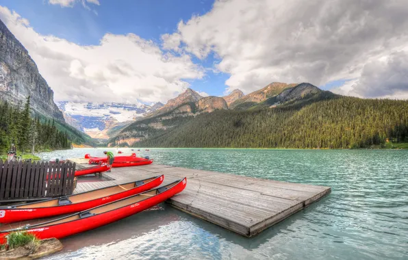Лес, облака, горы, озеро, лодки, Канада, Альберта, Banff National Park
