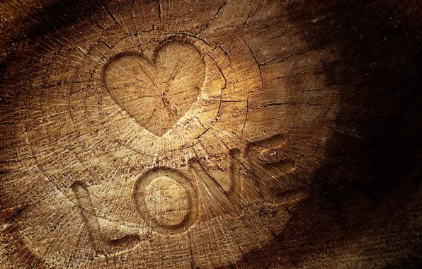 Картинка любовь, трещины, буквы, дерево, надпись, сердце, текстура