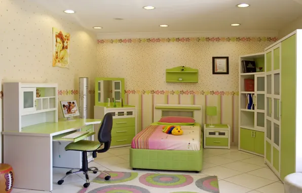 Картинка цветы, дизайн, стиль, стол, комната, игрушки, лампа, кровать