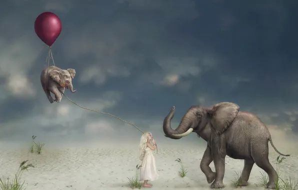 Картинка шар, девочка, слоны