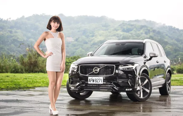 Взгляд, улыбка, азиатка, Эротика, красивая девушка, белый авто, Volvo XC90, позирует на фоне машины