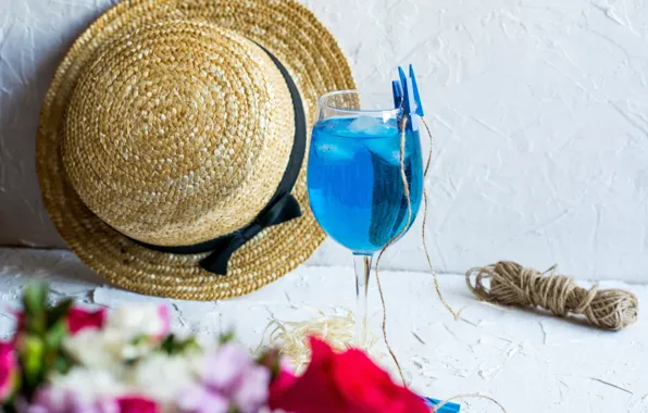 Лето, бокал, шляпа, коктейль, голубая лагуна