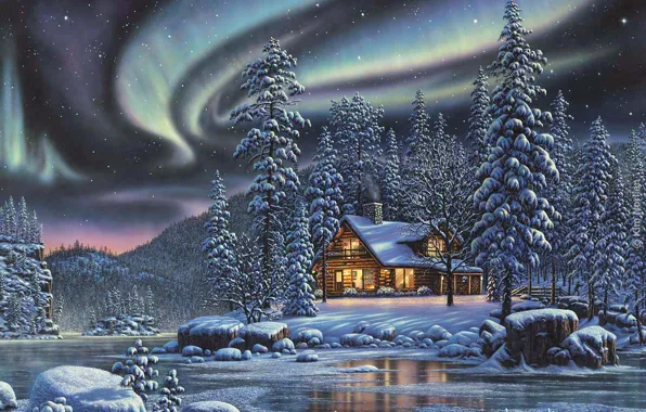 Картинка зима, лес, ночь, северное сияние, домик, речка