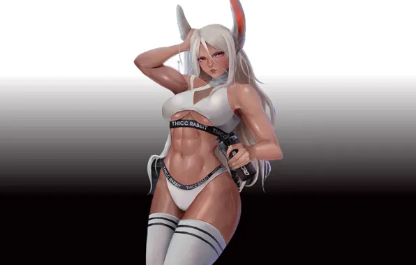 Girl, anime, pretty, babe, bunny, fitness, white hair, tan