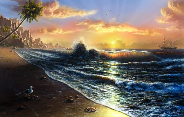 Картинка море, волны, закат, пальмы, побережье, парусник, чайка, Fel-X