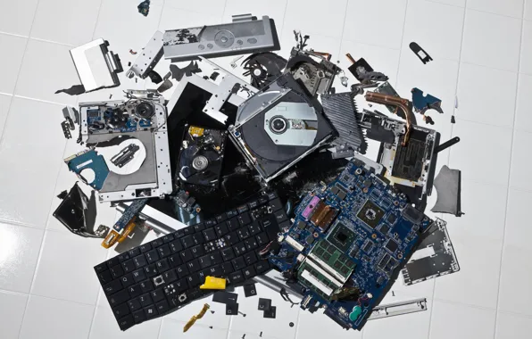 Notebook, destruction, parts, electronics
