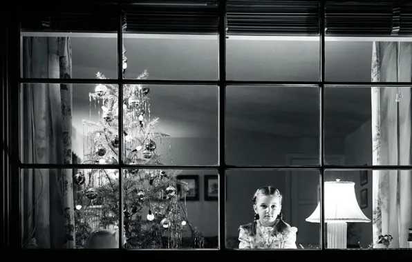Картинка елка, новый год, черно-белая, окно, ожидание