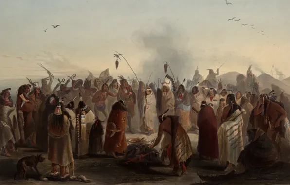 Картина, живопись, painting, Karl Bodmer, Бодмер, Scalp Dance of the Minatarres - Awesome St, 1836