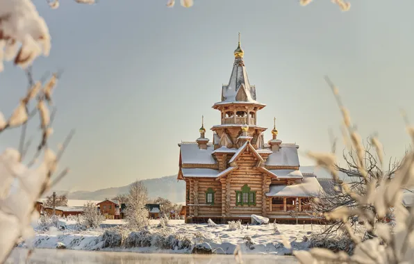 Картинка зима, вода, снег, деревья, пейзаж, природа, город, церковь