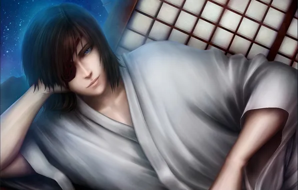 Картинка арт, повязка, парень, кимоно, лежа, inira, Sengoku Basara, Date Masamune