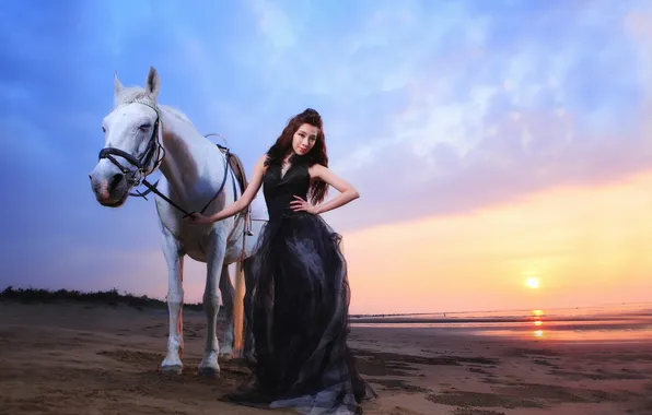 Картинка девушка, закат, конь