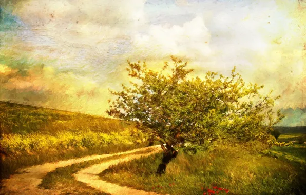 Картинка дорога, осень, трава, пейзаж, цветы, дерево, рисунок, картина