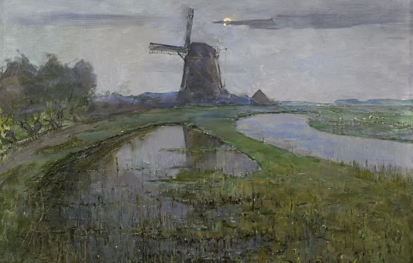 Пейзаж, масло, картина, холст, Мельница в Лунном Свете, Питер Корнелис Мондриан
