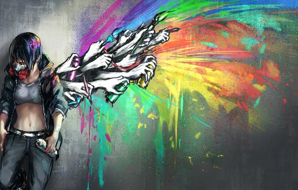Girl, wall, graffiti, anime, art, digital art