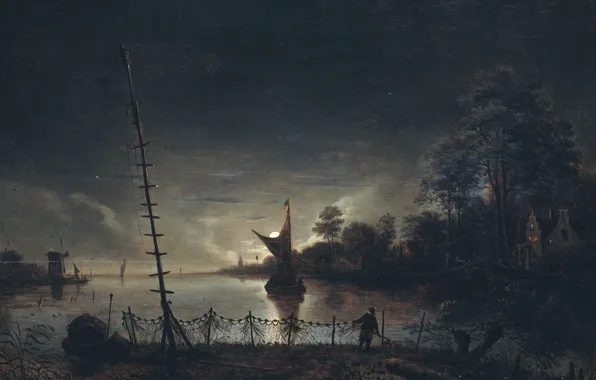 Картинка ночь, лодка, картина, парус, Антон ван Борссом, Пейзаж в Лунном Свете