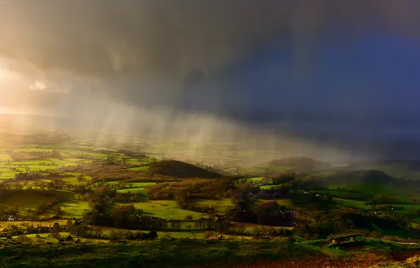 Картинка небо, свет, тучи, дождь, поля, Англия, долина, Великобритания