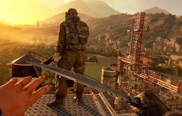 Картинка soldier, sunset, knife, stealth, first-person, Dying Light the following