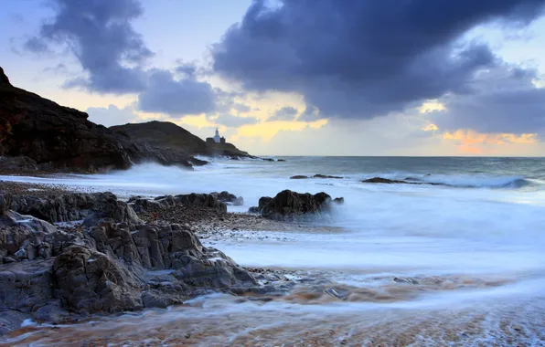 Картинка море, скалы, маяк, Уэльс, графство Гламорган, Гауэр