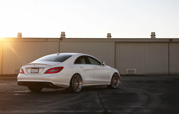 Картинка белый, солнце, закат, Mercedes-Benz, white, блик, AMG, задняя часть