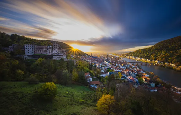 Небо, город, замок, рассвет, вид, Германия, реки, Germany