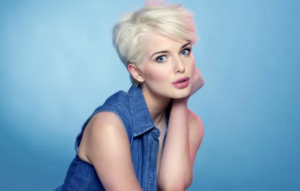 Girl, blue eyes, short hair, lips, look, blonde, make-up