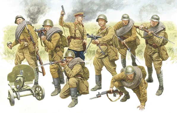 Картинка рисунок, армия, Великая Отечественная война, пехота, Красная Армия, Советские солдаты