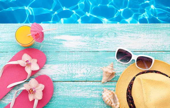 Пляж, лето, отдых, шляпа, бассейн, очки, summer, beach