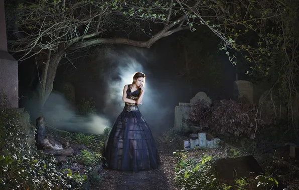 Картинка девушка, ночь, кладбище