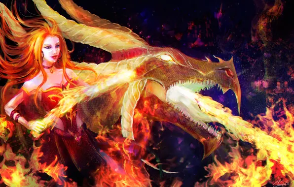 Картинка девушка, огонь, пламя, дракон, арт, рога, Slayer, Dota 2