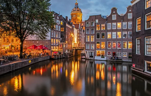 Здания, дома, вечер, Амстердам, канал, Нидерланды, набережная, Amsterdam